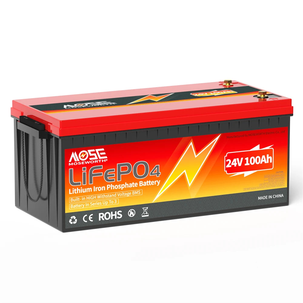 24V 100Ah LiFePO4 Battery Bluetooth Battery Builti in 200A BMS 2560Wh Lithium Ion Rechargeable Batteries for Camper Solar Boat