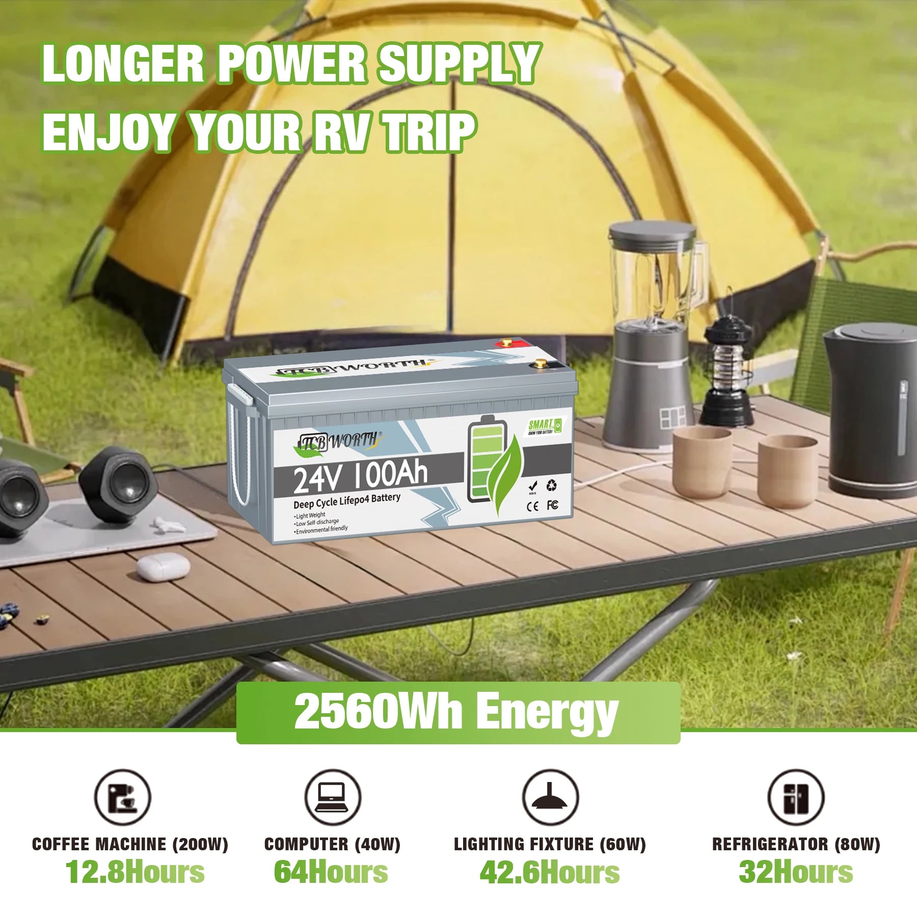 TCBWORTH 24V 100Ah Bluetooth LiFePO4 Battery,Deep Cycles 2560Wh Lithium Battery for Marine,Trolling Motor,Solar Off-Grid System