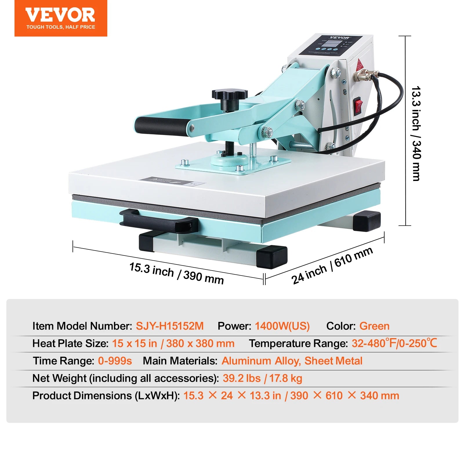 VEVOR Heat Press 15 x 15 in Heat Press Machine, Slide Out Heat Transfer Machine Fast and Even Heating 2-Layer Insulation Cotton