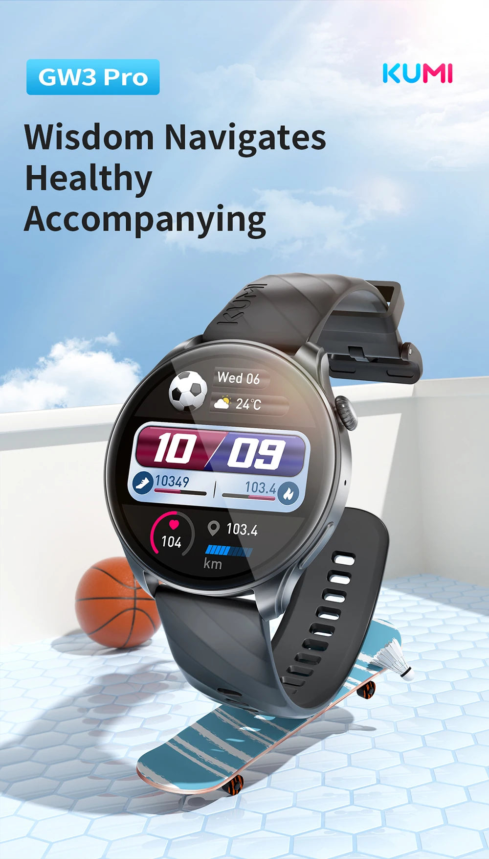 KUMI GW3 Pro Smartwatch 1.43" AMOLED Display IP68 Waterproof Bluetooth 5.2 Fitness Watch Heart Rate Blood Oxygen Tracker