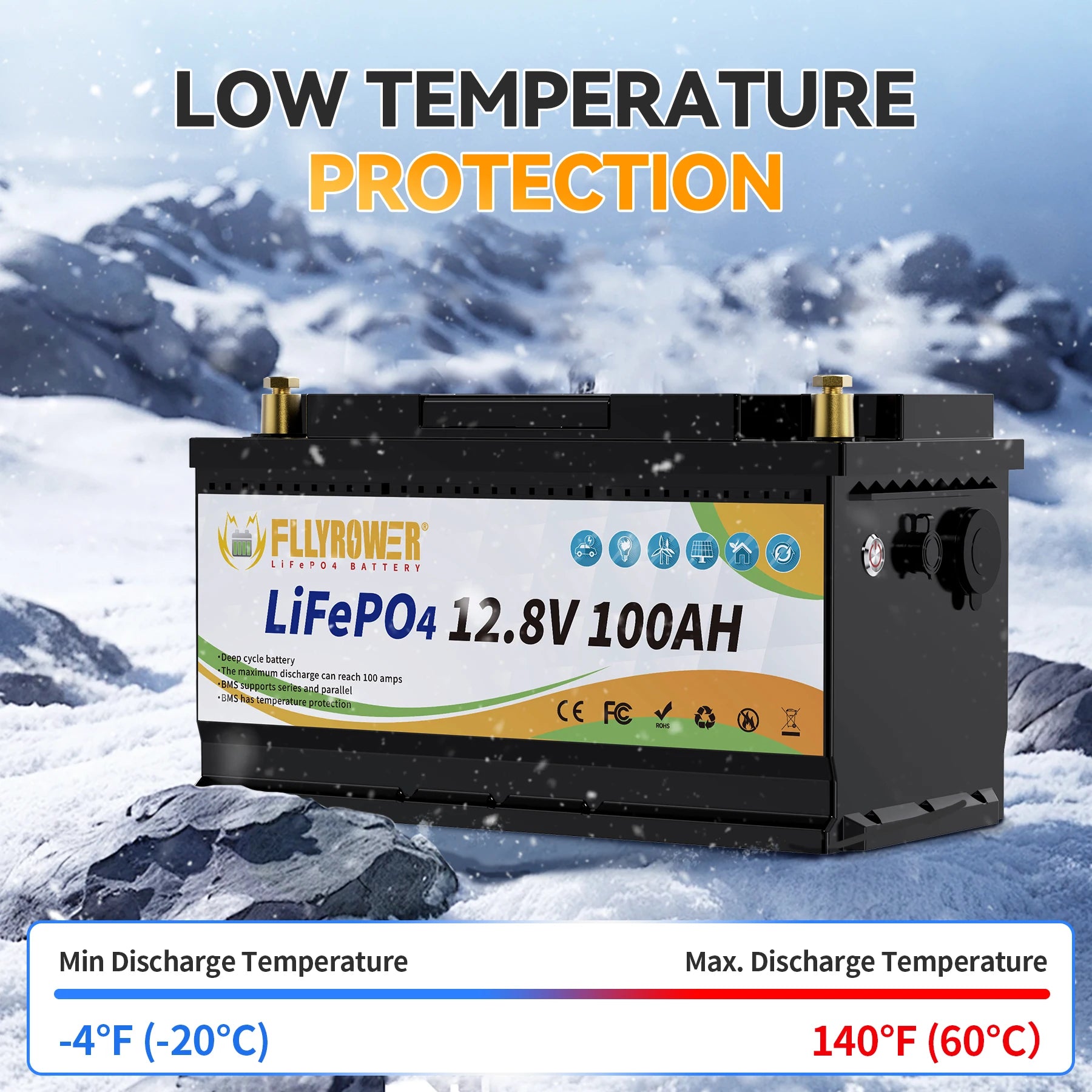 FLLYROWTH 12V 100Ah LiFePo4 Lithium Battery Pack 100A BMS For RV Boat Motors Inverter Solar Wind Lithium Iron Phosphate Battery