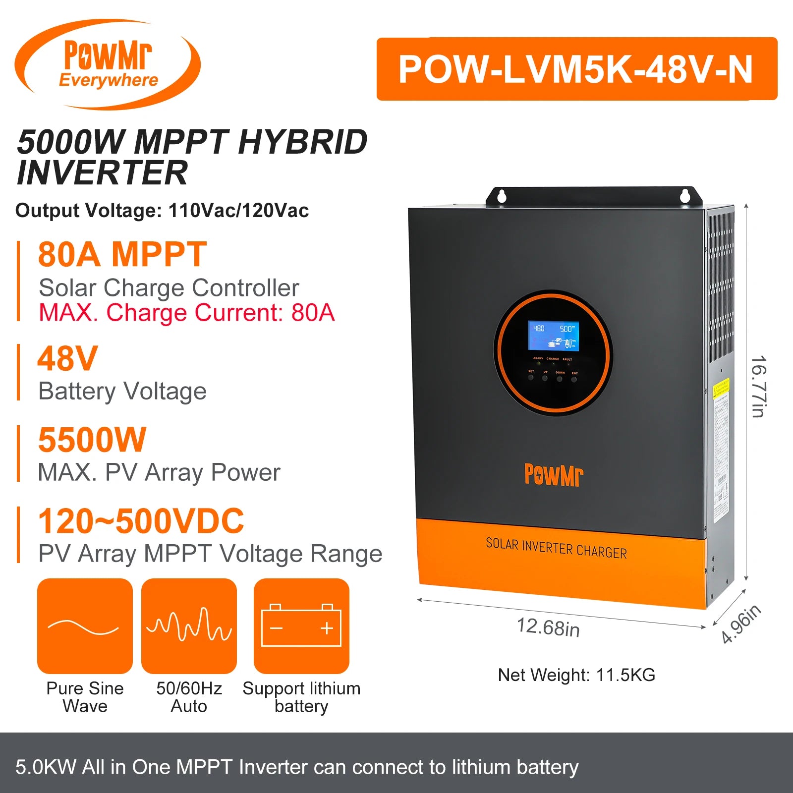 PowMr 5000W 48V 110/120VAC Output MPPT Hybrid Solar Inverter PV 500VDC With MPPT 80A Charger Controller Support Lithium Battery