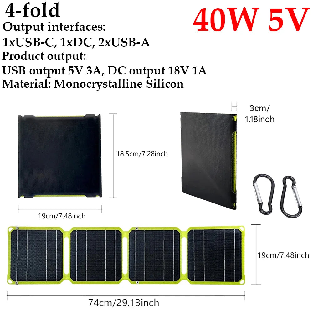30W/40W 5V Solar Panel PD 20W QC 3.0 5V 9V 12V Foldable Solar Power Bank Type C USB-A DC Output Portable Battery Phone Charger