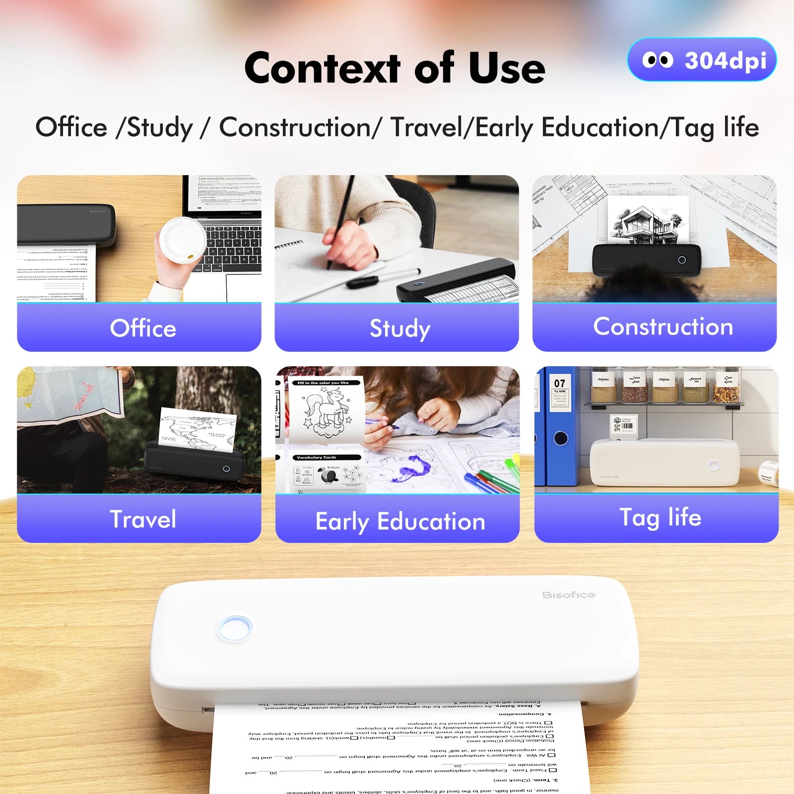 L81 A4 Thermal Printer Portable Printers Wireless Multi Size Versatile Mobile Thermal Printer 304DPI Study Office Work Tools