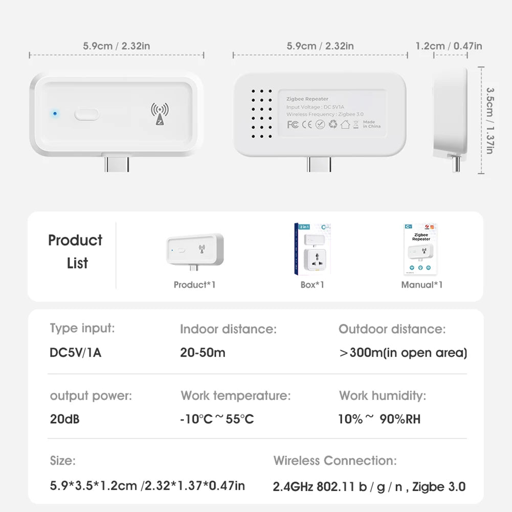 ZigBee Range Extender Works with ZigBee Gateway Hub Type C Smart Home Automation Devices Output Power Up To 20db for Home Office