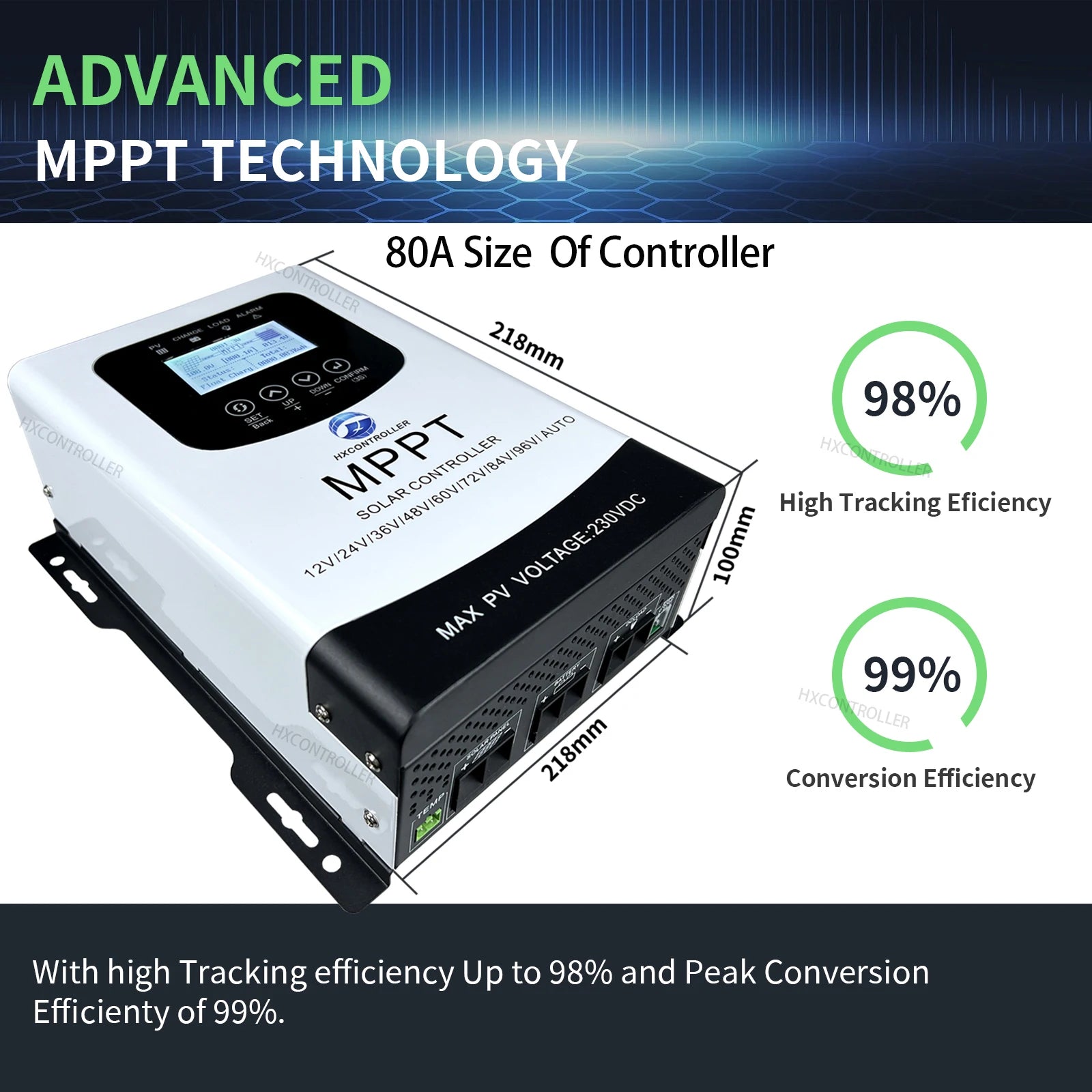 MPPT 30-80A Solar Charge Controller 230VDC VOC PV System Charging Regulator Support WIFI For 12V 24V 48V 60V 72V 96V Battery