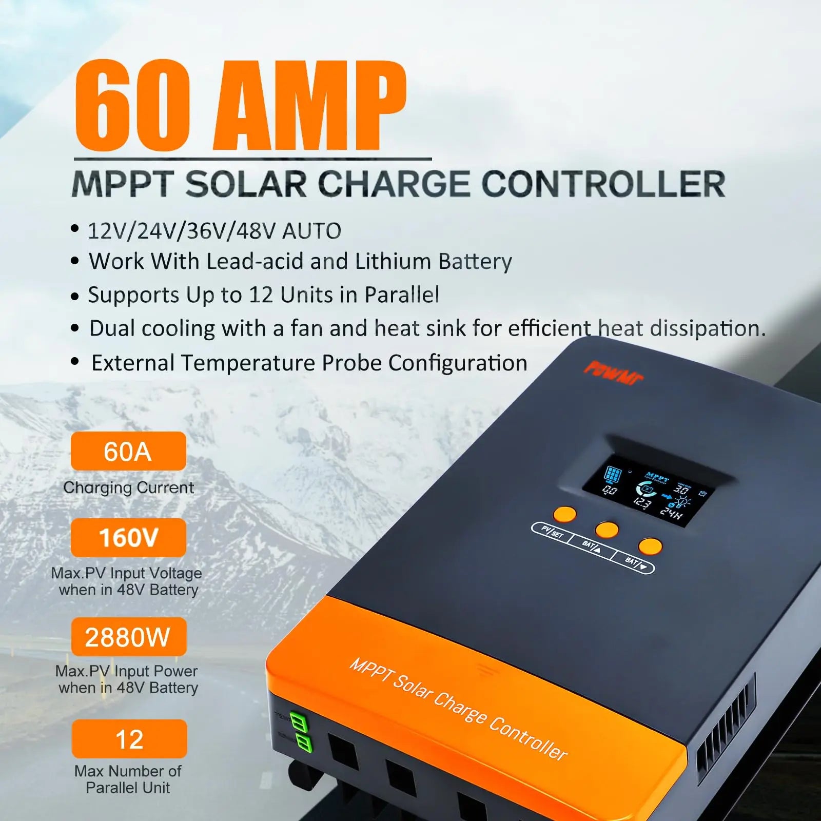 PowMr MPPT 60A 40A 30A 20A LCD Solar Charge Controller 12V 24V 36V 48V Auto Battery Solar Panel Smart Regulator Support Lifepo4