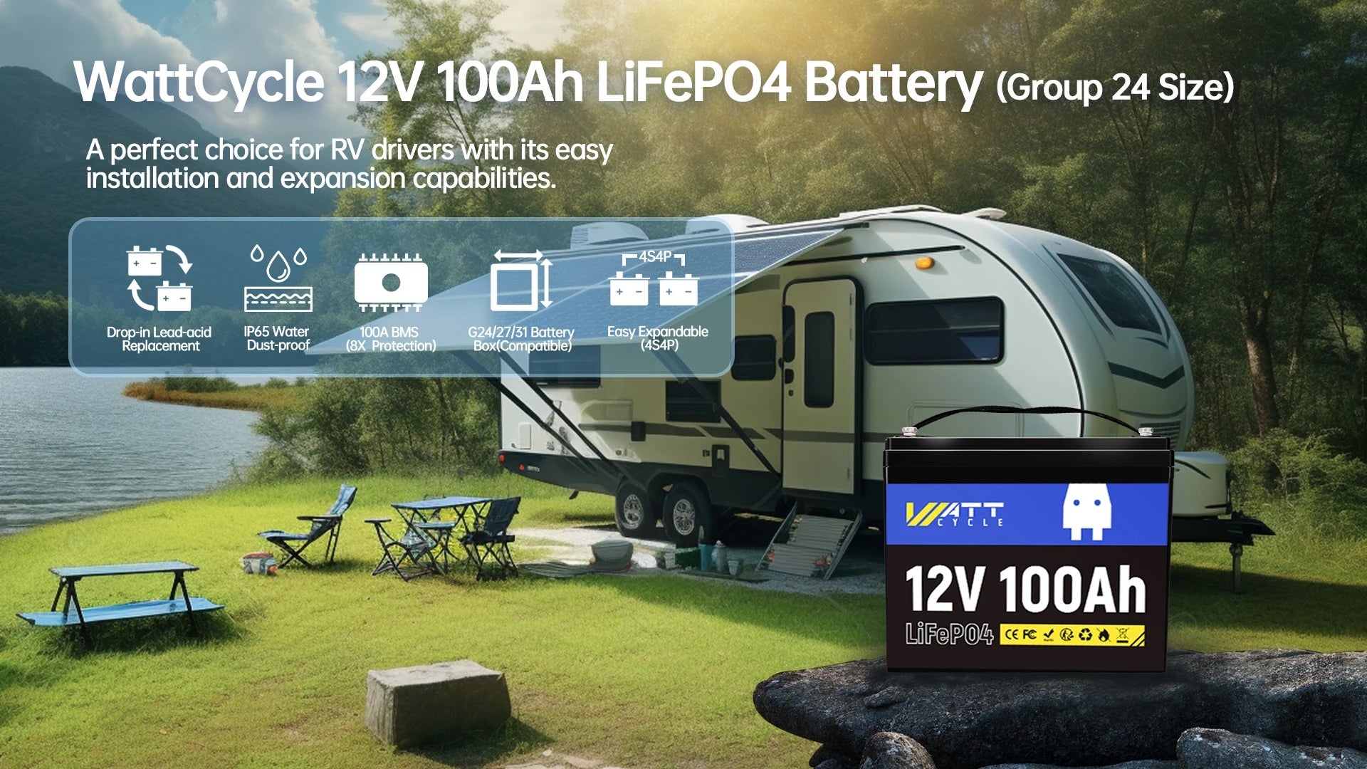 Wattcycle 12V 100Ah LiFePO4 Battery Packs Grade A Cells Rechargeable For Outdoor / Home Storage Lithium Iron Phosphate Batteries