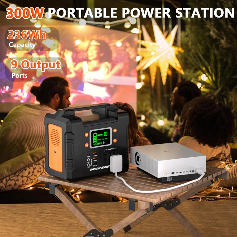 Howeasy 300W Portable Power Station, 236Wh Solar Generator (Without Solar Panel), Pure Sine Wave 110V Ac Socket, Spare Lithium Battery, Led Light/Dc/Usb/Qc3.0 for Camping Style Use