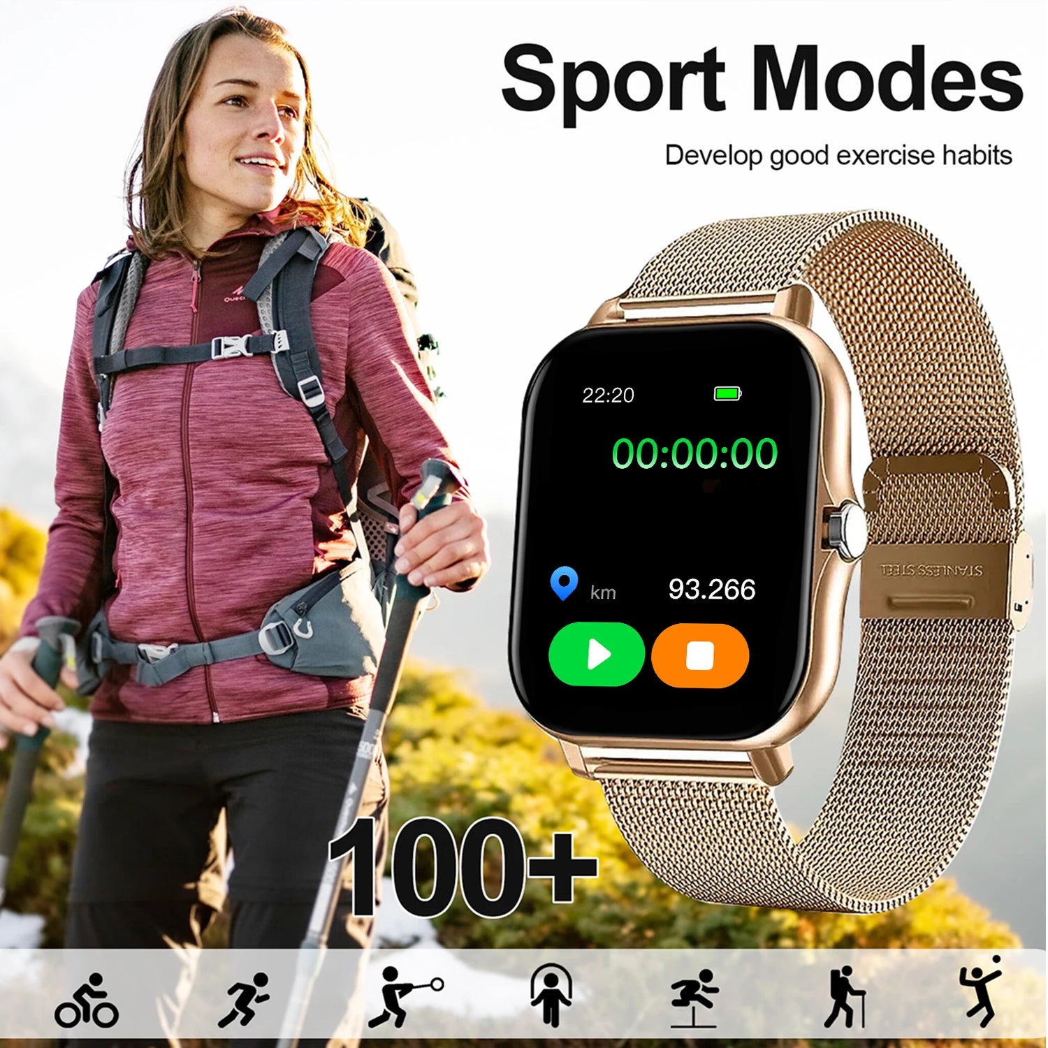 Smartwatch, multi-sport mode, call reminder/rejection, message reminder view, unisex, suitable for Android and iPhone