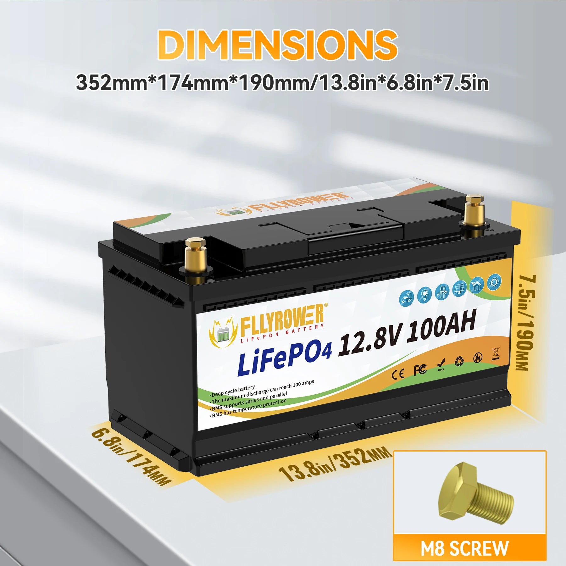 FLLYROWTH 12V 100Ah LiFePo4 Lithium Battery Pack 100A BMS For RV Boat Motors Inverter Solar Wind Lithium Iron Phosphate Battery