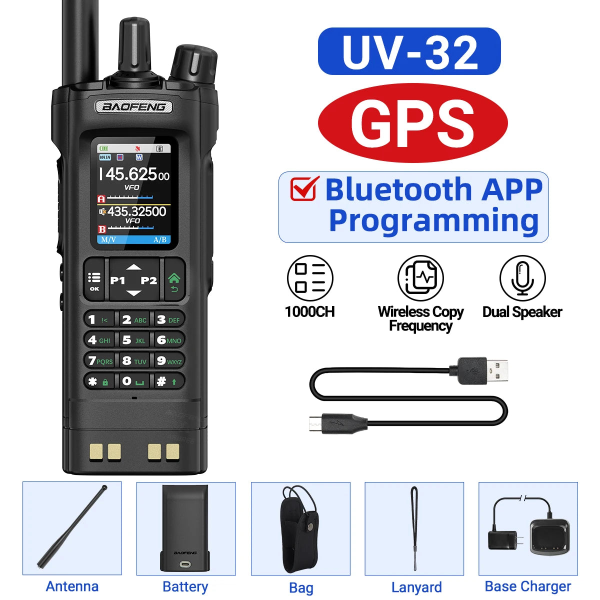 BAOFENG UV-32 GPS Walkie Talkie 10W Multi Band Bluetooth Programming Wireless Copy Frequency NOAA Long Range Ham Two Way Radio