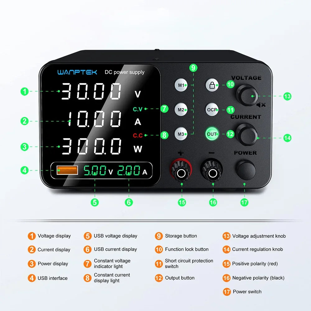 Wanptek Adjustable Lab DC power supply 30V 5A 10A 60V 5A Bench Power Source Stabilized Voltage USB power supply 120V 3A 160V 2A