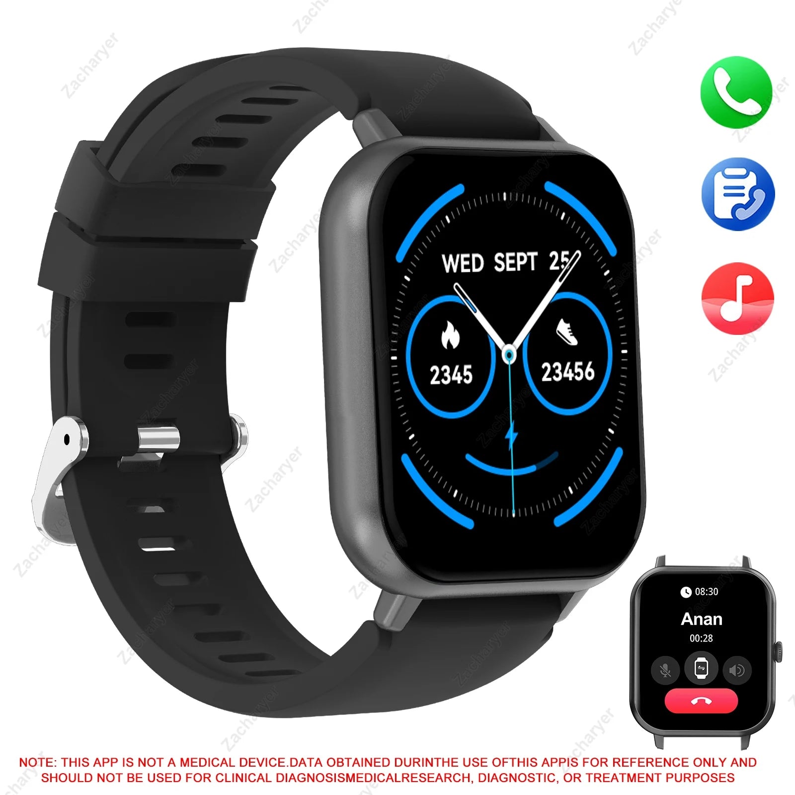 Smart watch, wireless calling/dial, multi-Sport mode, calling reminder and rejection, SMS reminder, for iPhone/Android