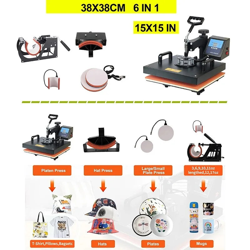 Combo Heat Press Machine4/5/6/7/8 in 1 38*38CM  Muntifunctional Sublimation Printer Transfer for Mug Hat Plate T-Shirt