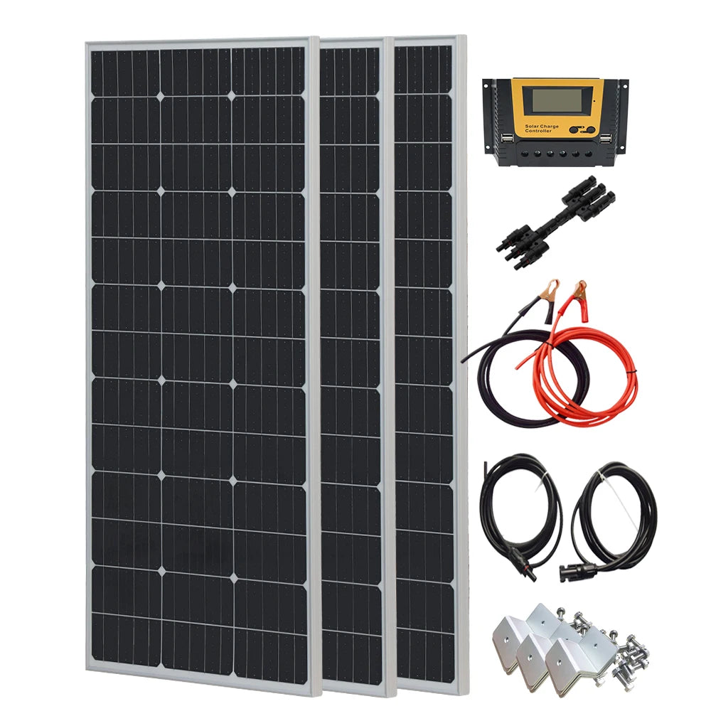 Solar Panel PV 900W 750W 600W 450W 300W 150 W Mono Cells Kit | Photovoltaic Aluminium Frame Camping Balcony Home Charge 12V