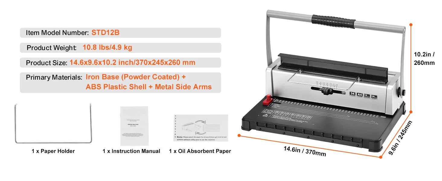 SucceBuy Coil Spiral Binding Machine Manual Book Maker 34-Holes Binding 120 Sheets Punch Binder w/ Adjustable Coil Binding Spine