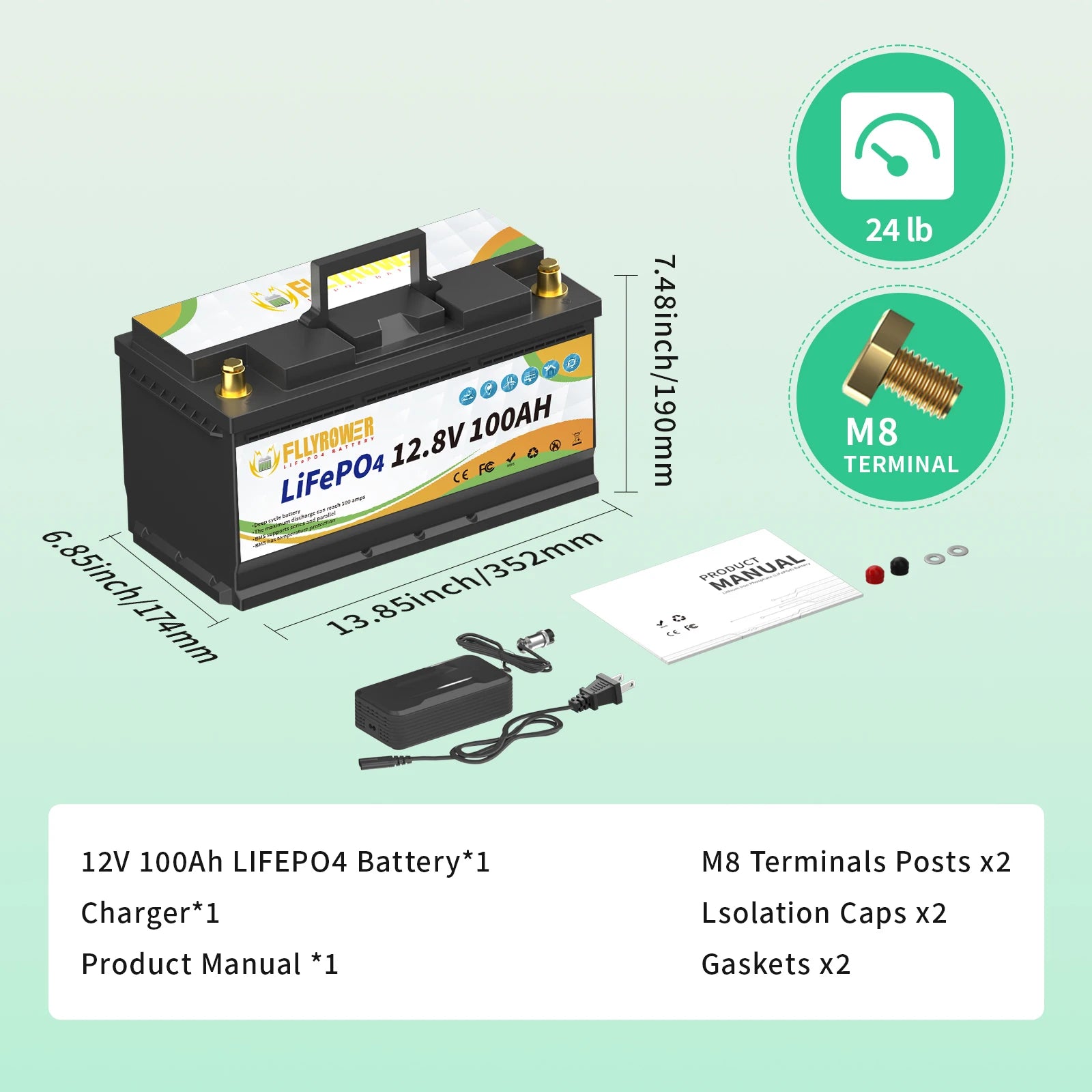FLLYROWTH 12V 100Ah LiFePo4 Lithium Battery Pack 100A BMS For RV Boat Motors Inverter Solar Wind Lithium Iron Phosphate Battery