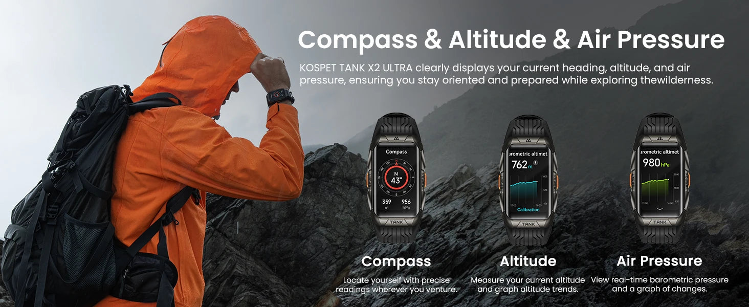 KOSPET TANK X2 Ultra GPS Smart Watch For Men 3D Curved Screen 60 Days Battery Compass Altimeter IP69K 5ATM Waterproof BT Call