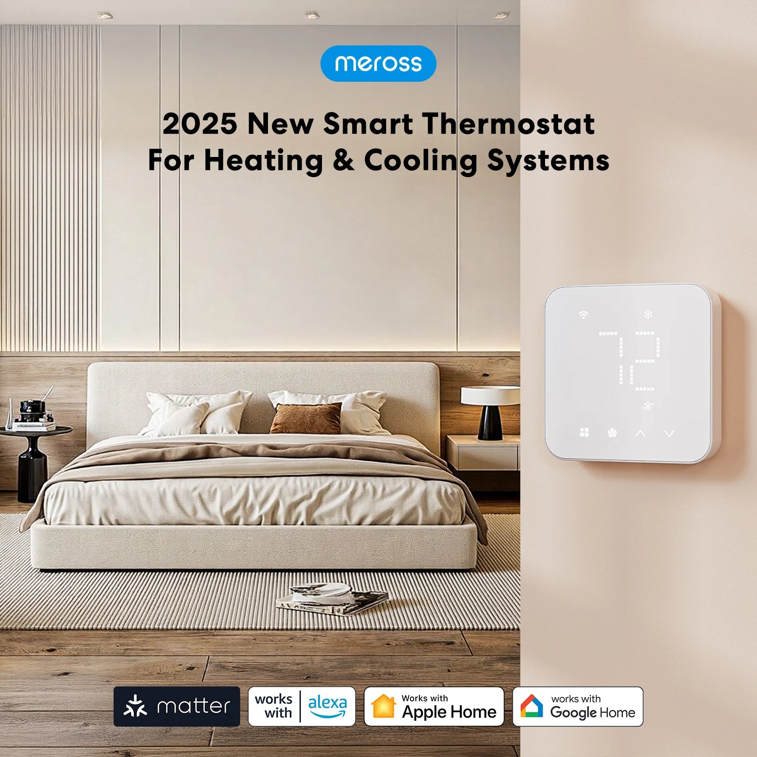 Meross 2025 NEW Matter Smart US 24V Wi-Fi Thermostat Compatible Heating and Cooling Systems Shipping from US