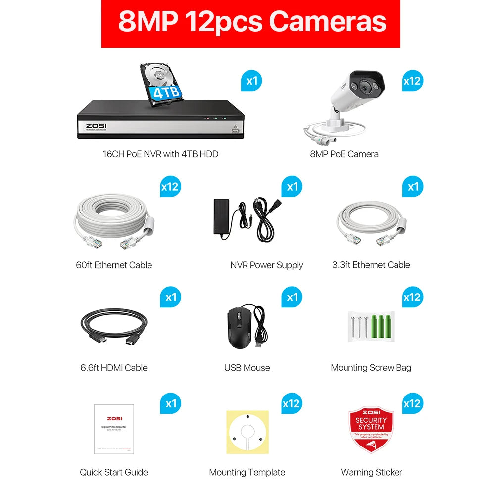 ZOSI 16CH 8MP/5MP PoE Security Camera System AI Person Vehicle Detection 2 Way Audio IP Cam 4K CCTV Video Surveillance NVR Kit