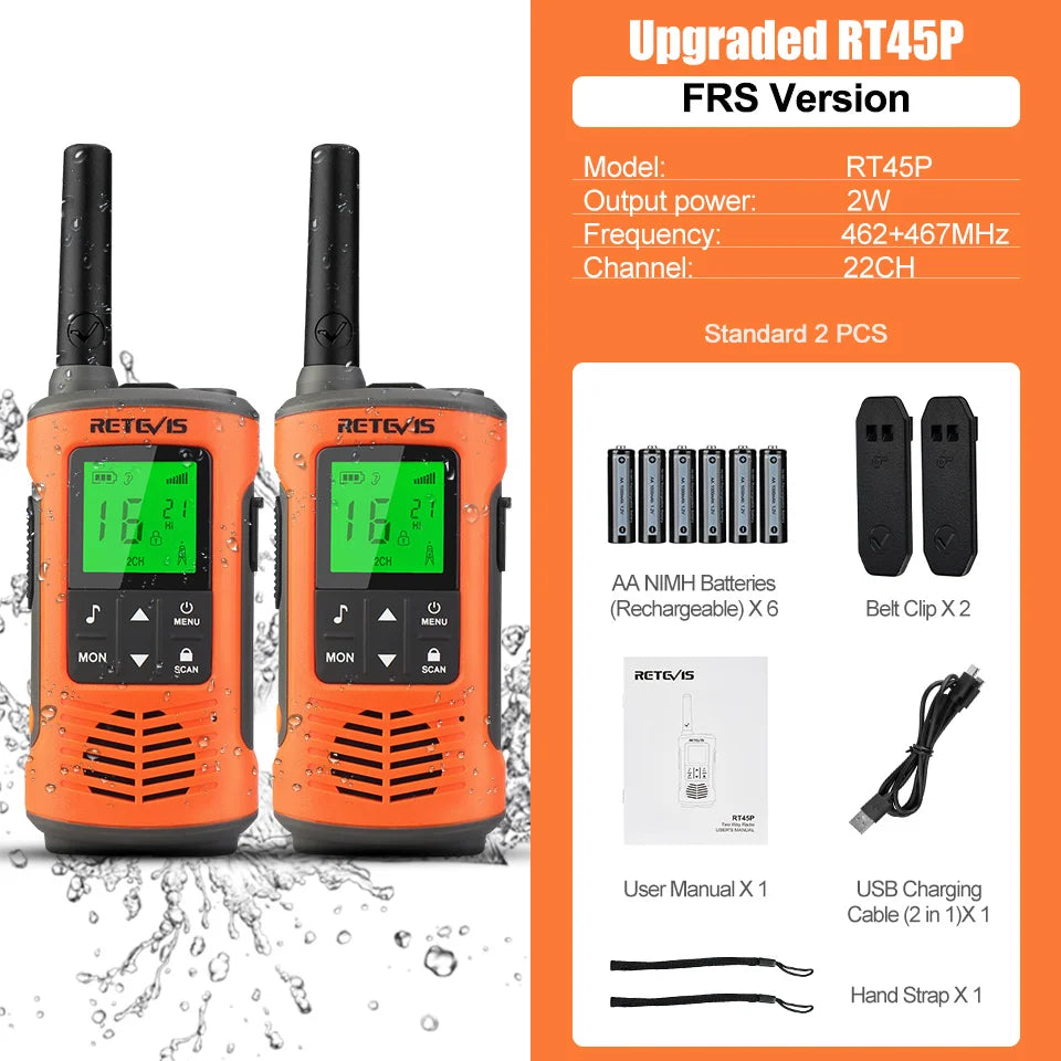 Retevis RT45P IP67 Waterproof Walkie Talkie 2pcs Rechargeable 2-way Radio Receiver PMR446 License Free Type-C for Camping hiking