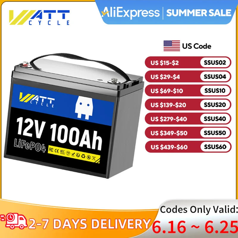 Wattcycle 12V 100Ah LiFePO4 Battery Packs Grade A Cells Rechargeable For Outdoor / Home Storage Lithium Iron Phosphate Batteries
