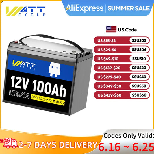 Wattcycle 12V 100Ah LiFePO4 Battery Packs Grade A Cells Rechargeable For Outdoor / Home Storage Lithium Iron Phosphate Batteries