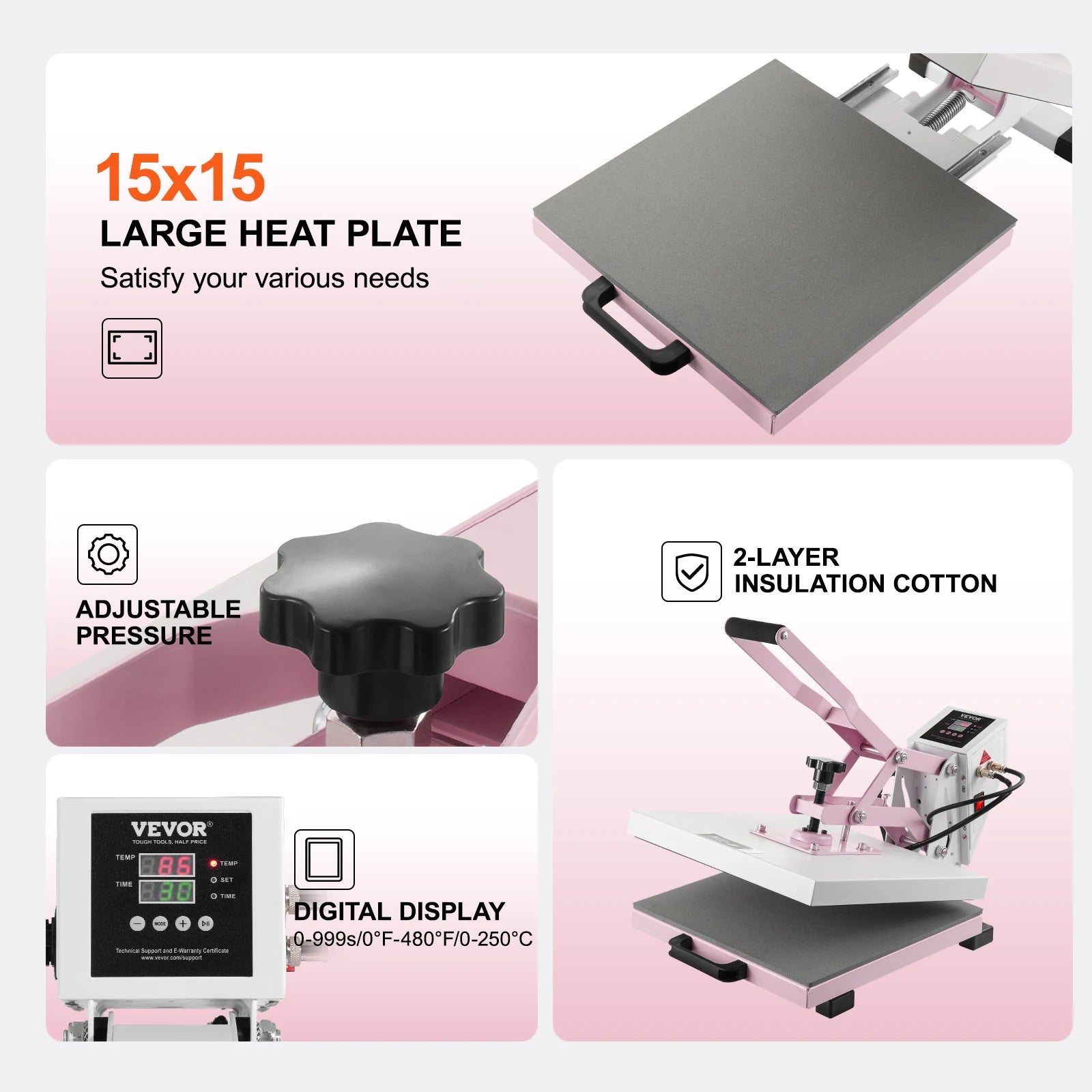 VEVOR Heat Press 15 x 15 in Heat Press Machine, Slide Out Heat Transfer Machine Fast and Even Heating 2-Layer Insulation Cotton
