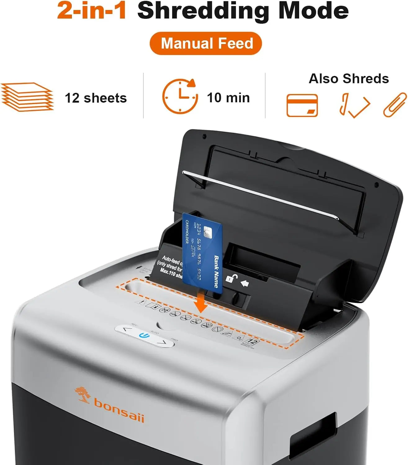 Bonsaii 110-Sheet Micro Cut Paper Shredder Auto Feeder Heavy Duty Paper Shredder for Office Use with 6 Gal large Wastebin