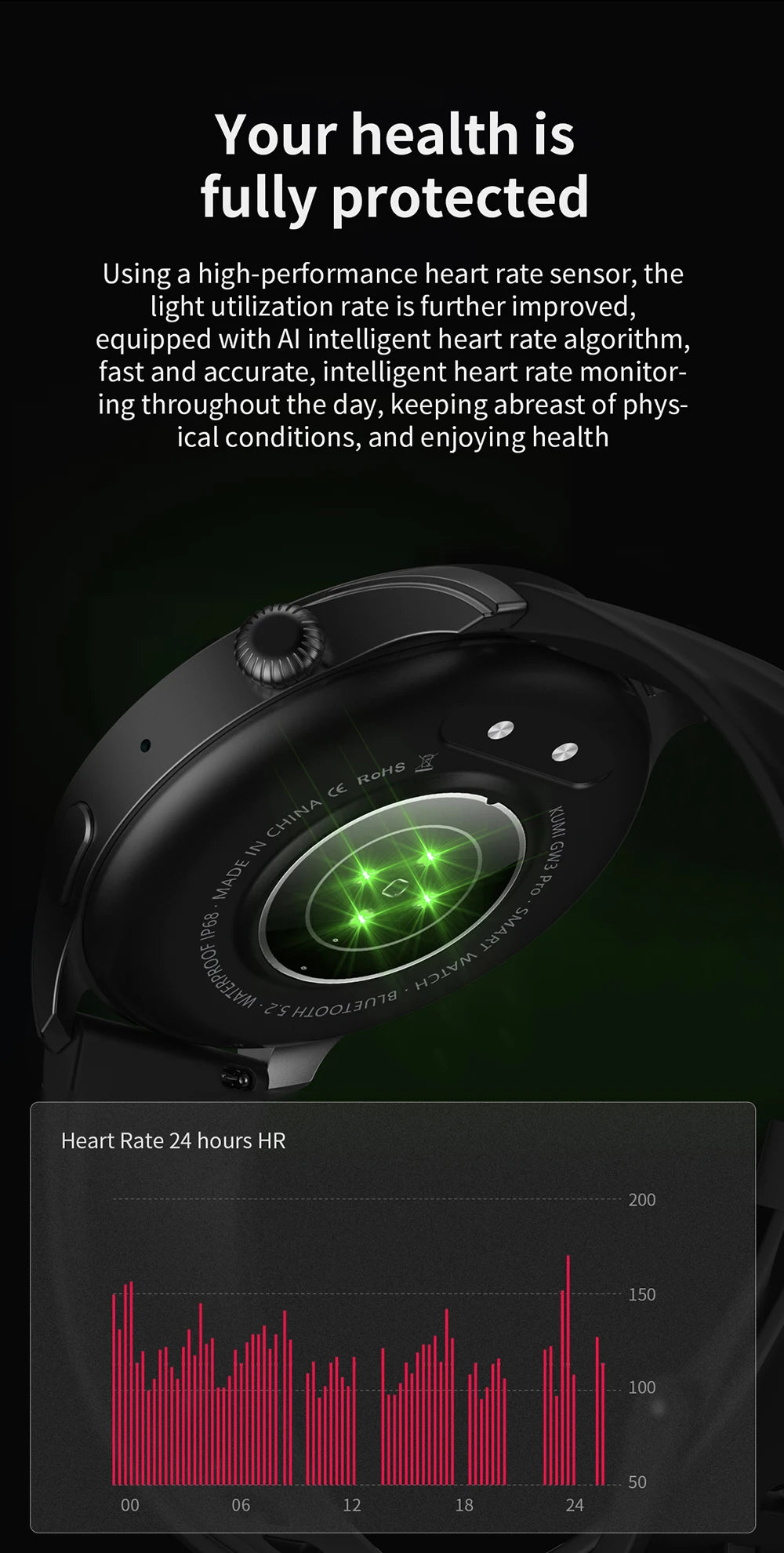 KUMI GW3 Pro Smartwatch 1.43" AMOLED Display IP68 Waterproof Bluetooth 5.2 Fitness Watch Heart Rate Blood Oxygen Tracker