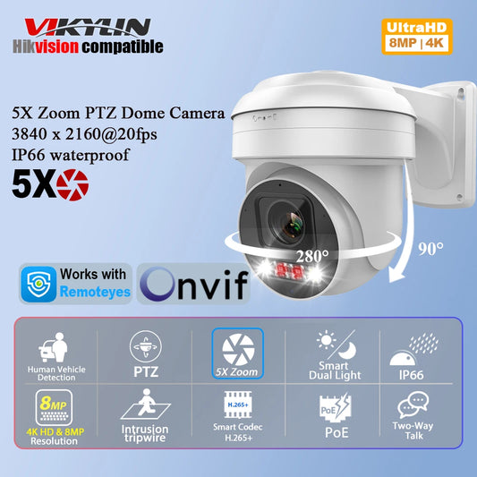 Vikylin Hikvision compatible 8MP 5X Zoom PTZ IP Camera with 2-Way Audio MD2.0 IP66 Outdoor Video Surveillance Camera Onvif CCTV
