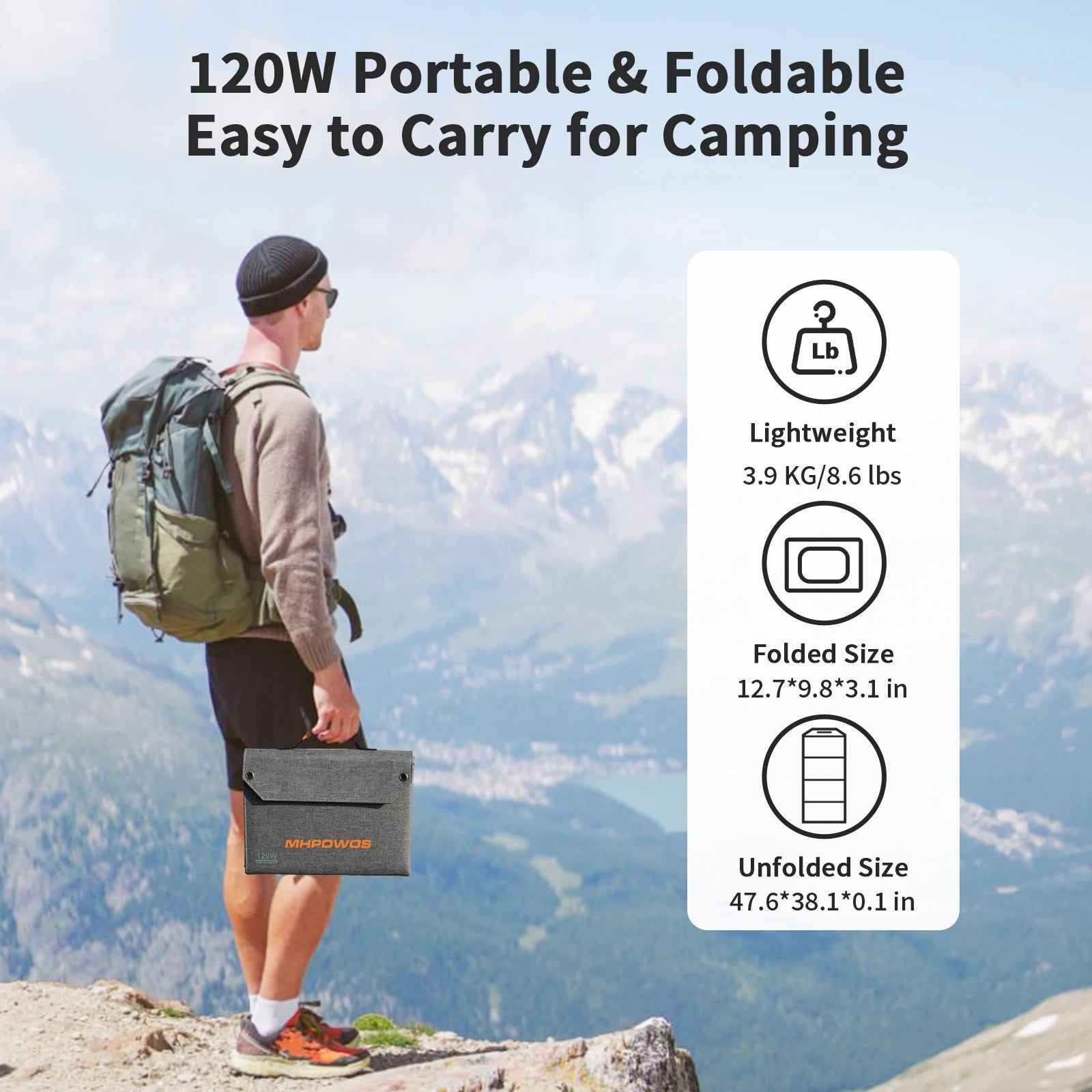 MHPOWOS 120W Foldable Solar Panel with USB-C/2xUSB-A/DC Outputs Portable Battery Charger For Outdoor Waterproof Power Camping