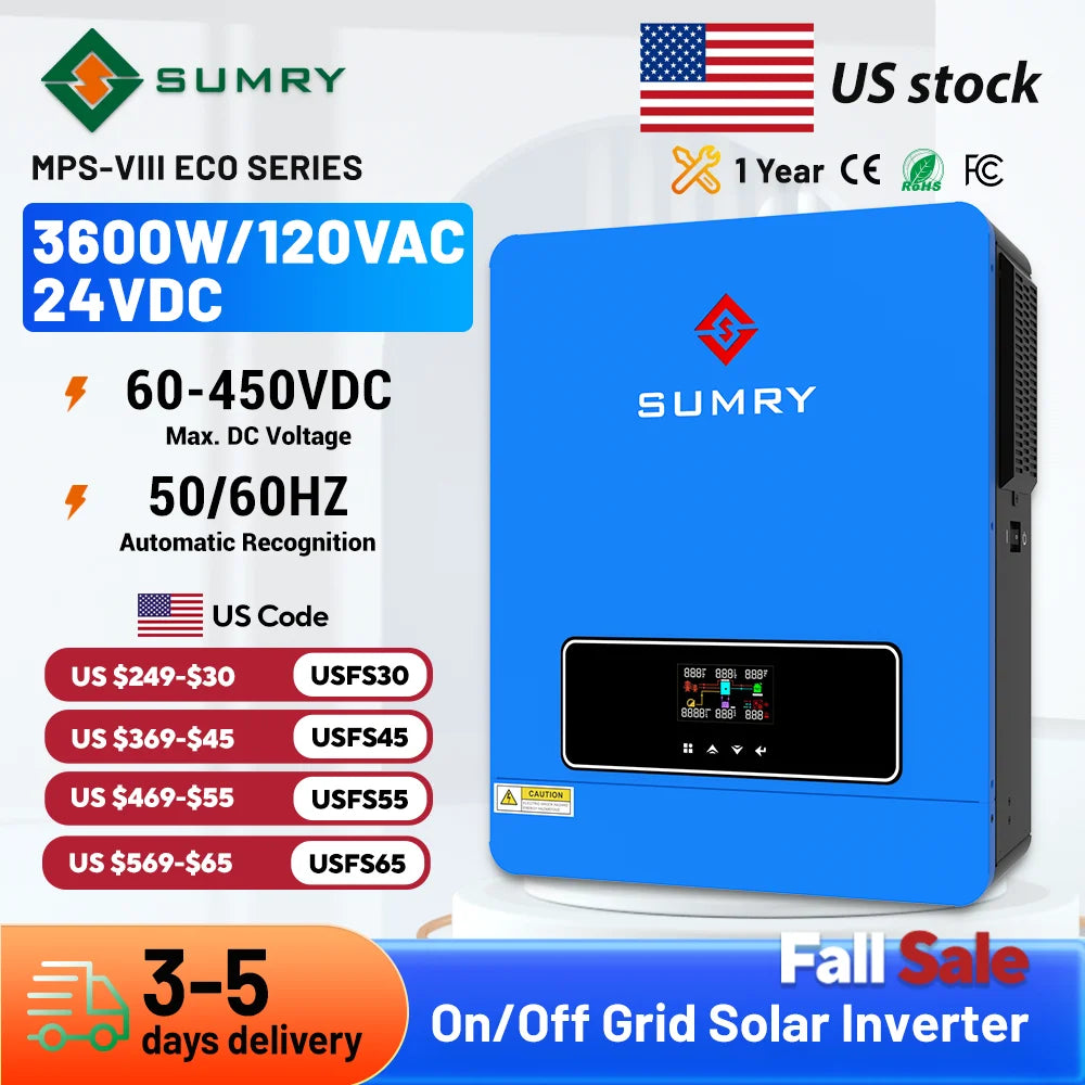 Sumry 3.6kw Hybrid Solar Inverter 110/120v 24v Dual Output with MPPT 120A 60-450v 50/60hz Home Inversor Pure Sine Wave