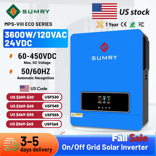 Sumry 3.6kw Hybrid Solar Inverter 110/120v 24v Dual Output with MPPT 120A 60-450v 50/60hz Home Inversor Pure Sine Wave