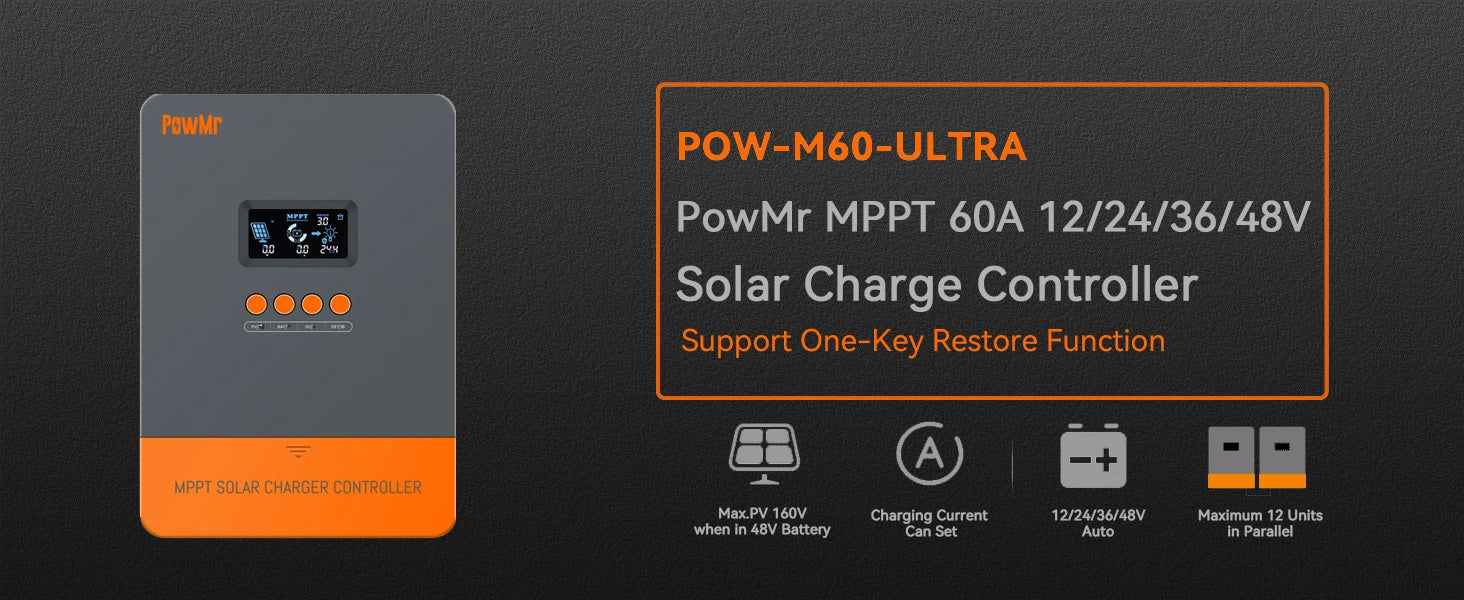 PowMr MPPT 60A 40A 30A 20A LCD Solar Charge Controller 12V 24V 36V 48V Auto Battery Solar Panel Smart Regulator Support Lifepo4
