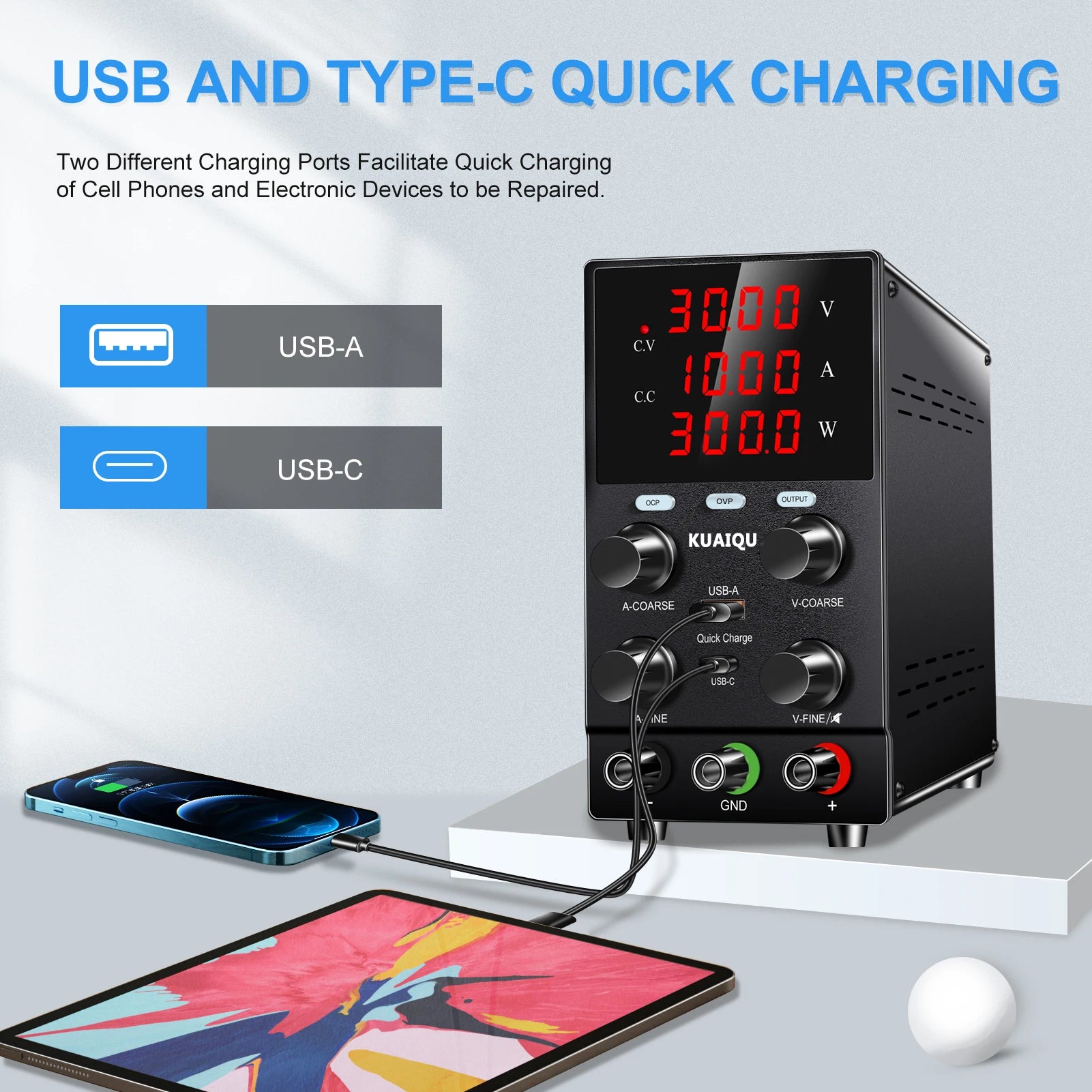 KUAIQU SPS3010S DC Power Supply 30V 10A Lab Power Source OCP OVP OUTPUT Switching Voltage Regulator Phone Repair Plating Testes