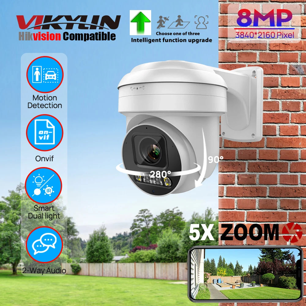 Vikylin Hikvision compatible 8MP 5X Zoom PTZ IP Camera with 2-Way Audio MD2.0 IP66 Outdoor Video Surveillance Camera Onvif CCTV
