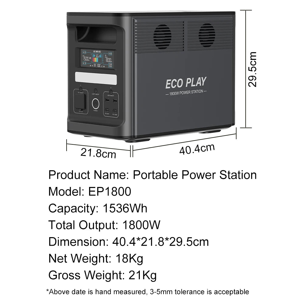 ECOPLAY Power Station 1800W/1536Wh LiFePO4 Battery Solar Generator with 3 AC Outlets (3600W Peak) Large Capacity Emergency Power