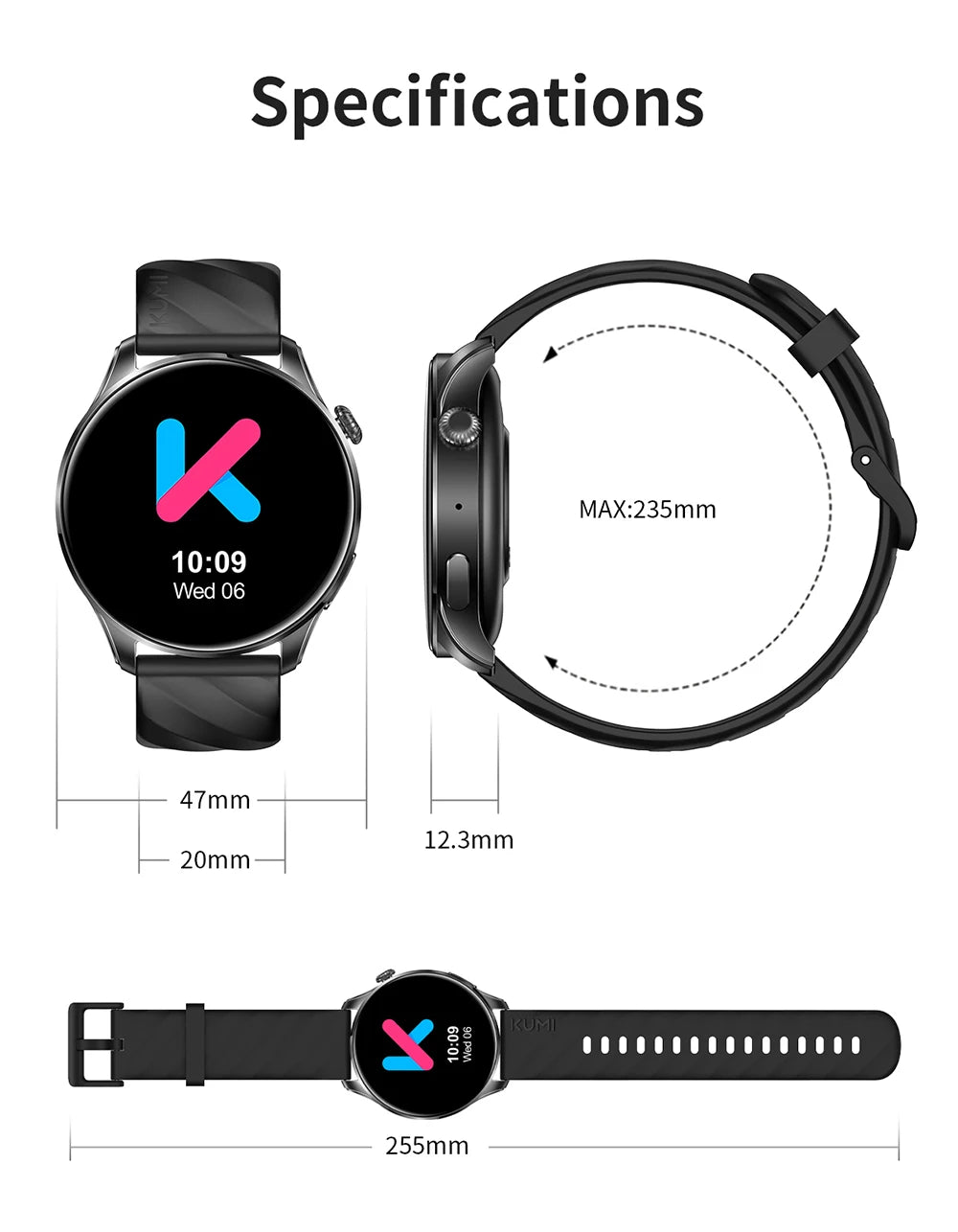 KUMI GW3 Pro Smartwatch 1.43" AMOLED Display IP68 Waterproof Bluetooth 5.2 Fitness Watch Heart Rate Blood Oxygen Tracker