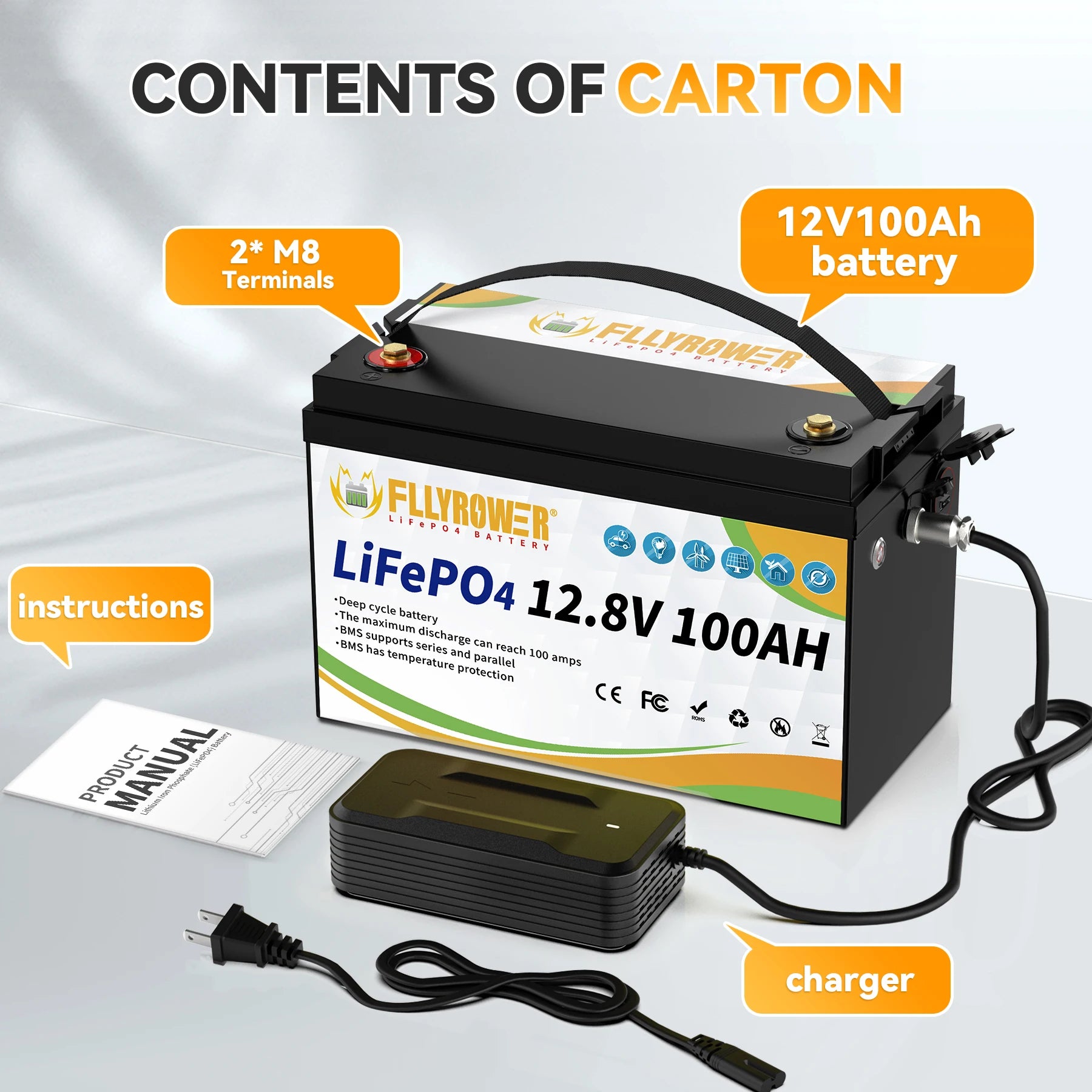 LiFePO4 Battery 12V 100Ah BMS100A Rechargeable Lithium Battery Pack For Inverter Solar Off-Road Off-grid Solar Energy Deep Cycle
