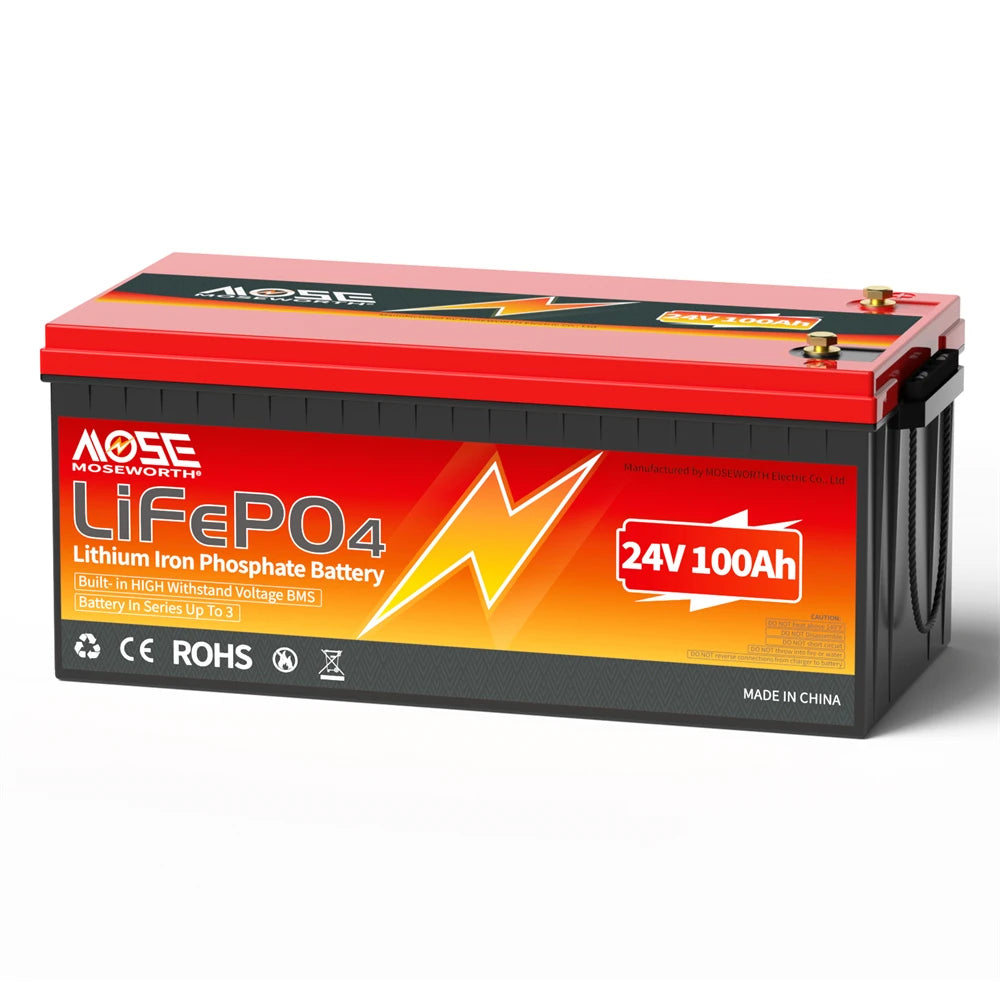 24V 100Ah LiFePO4 Battery Bluetooth Battery Builti in 200A BMS 2560Wh Lithium Ion Rechargeable Batteries for Camper Solar Boat