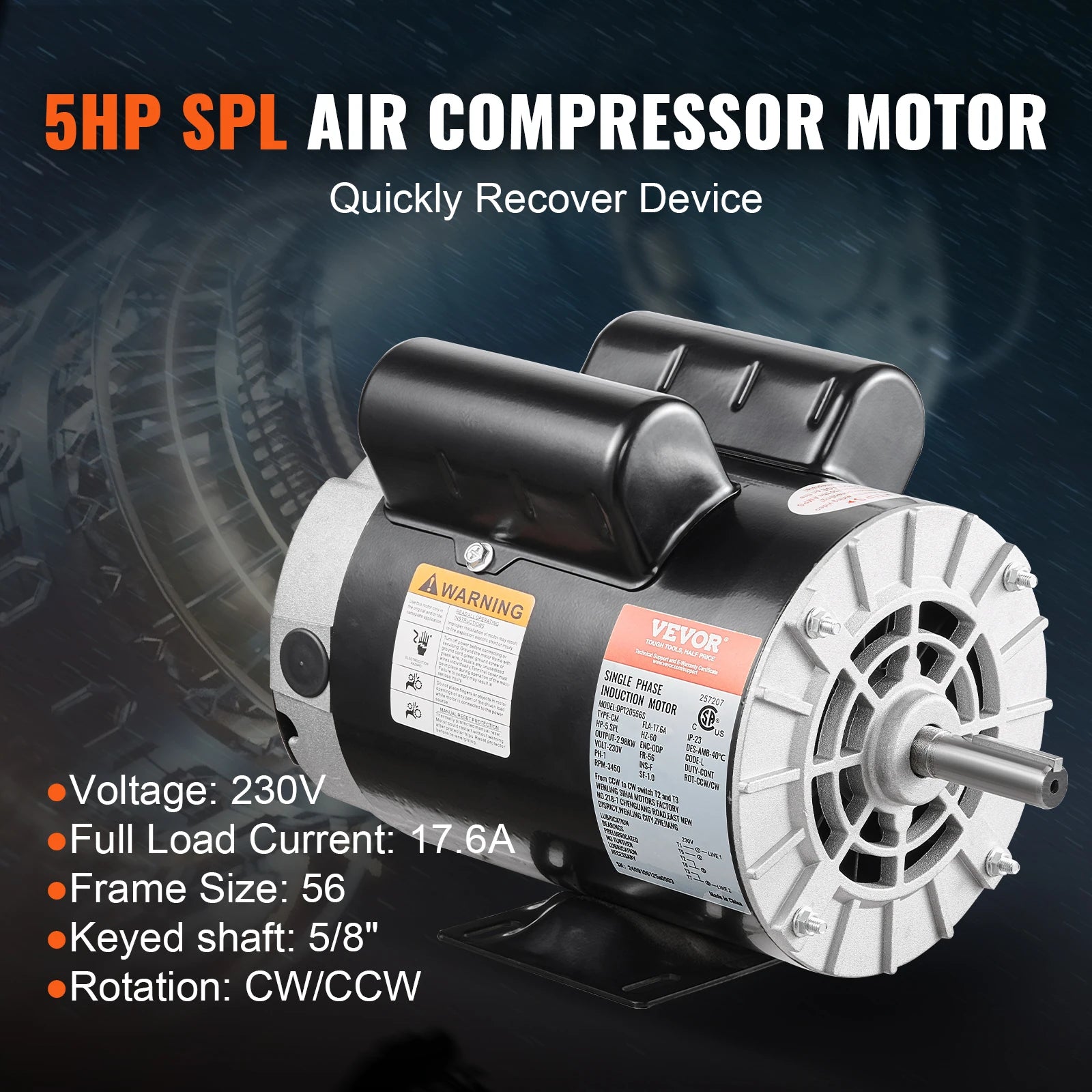 SucceBuy 5HP Air Compressor Motor 230V 17.6Amps Electric Motor 3450RPM 56 Frame 5/8" Keyed Shaft 1.88" Shaft for Air Compressor