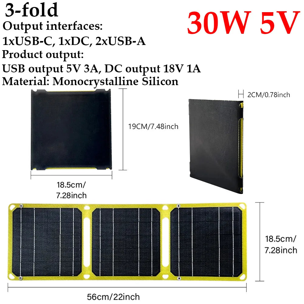 30W/40W 5V Solar Panel PD 20W QC 3.0 5V 9V 12V Foldable Solar Power Bank Type C USB-A DC Output Portable Battery Phone Charger