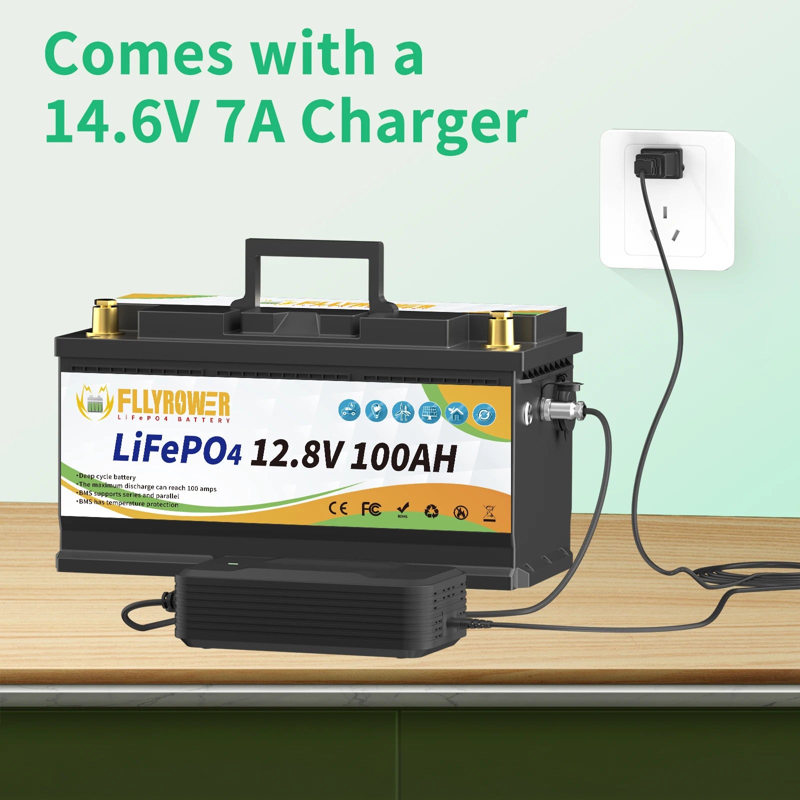 FLLYROWTH 12V 100Ah LiFePo4 Lithium Battery Pack 100A BMS For RV Boat Motors Inverter Solar Wind Lithium Iron Phosphate Battery
