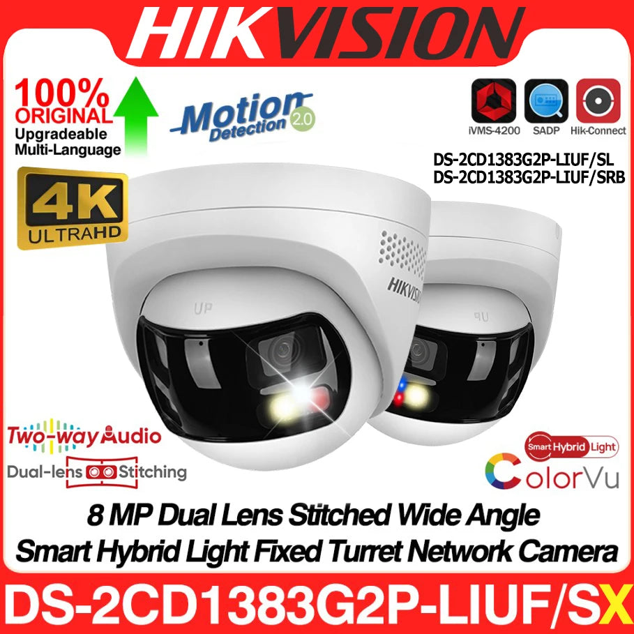 Hikvision DS-2CD1383G2P-LIUF/SL 8MP 4K Dual Lens Stitched 180° Wide Angle Smart Hybrid Light POE Network IP Camera MD 2.0 Audio