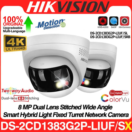 Hikvision DS-2CD1383G2P-LIUF/SL 8MP 4K Dual Lens Stitched 180° Wide Angle Smart Hybrid Light POE Network IP Camera MD 2.0 Audio