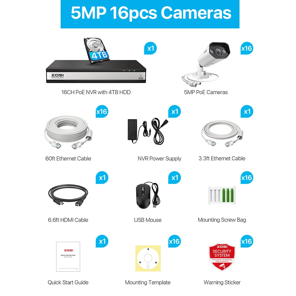 ZOSI 16CH 8MP/5MP PoE Security Camera System AI Person Vehicle Detection 2 Way Audio IP Cam 4K CCTV Video Surveillance NVR Kit