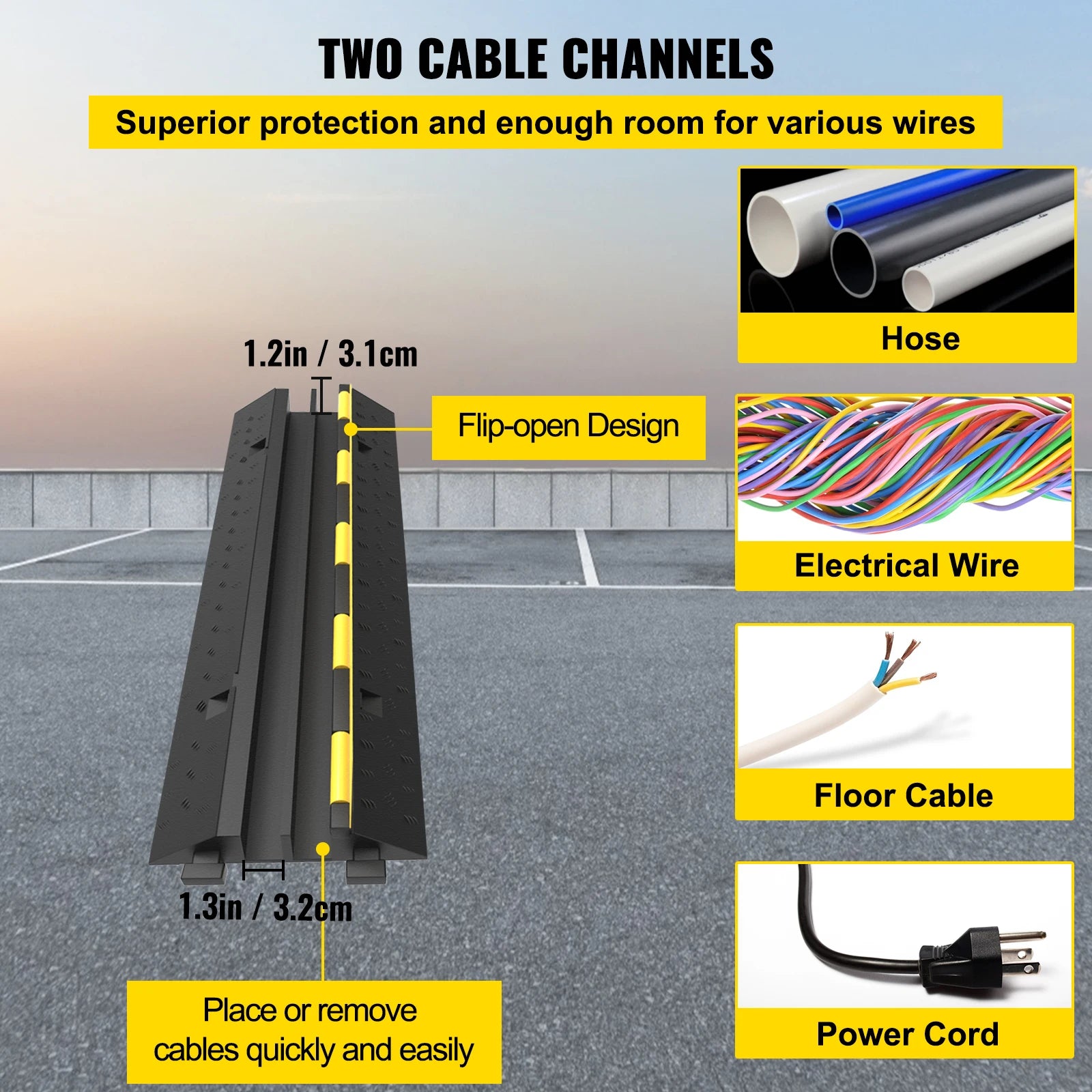 SucceBuy Cable Protector Ramp Wire Cable Cover Cord Guard 2 Channels Rubber + PVC 11000LBS Speed Bump Parking Driveway Traffic