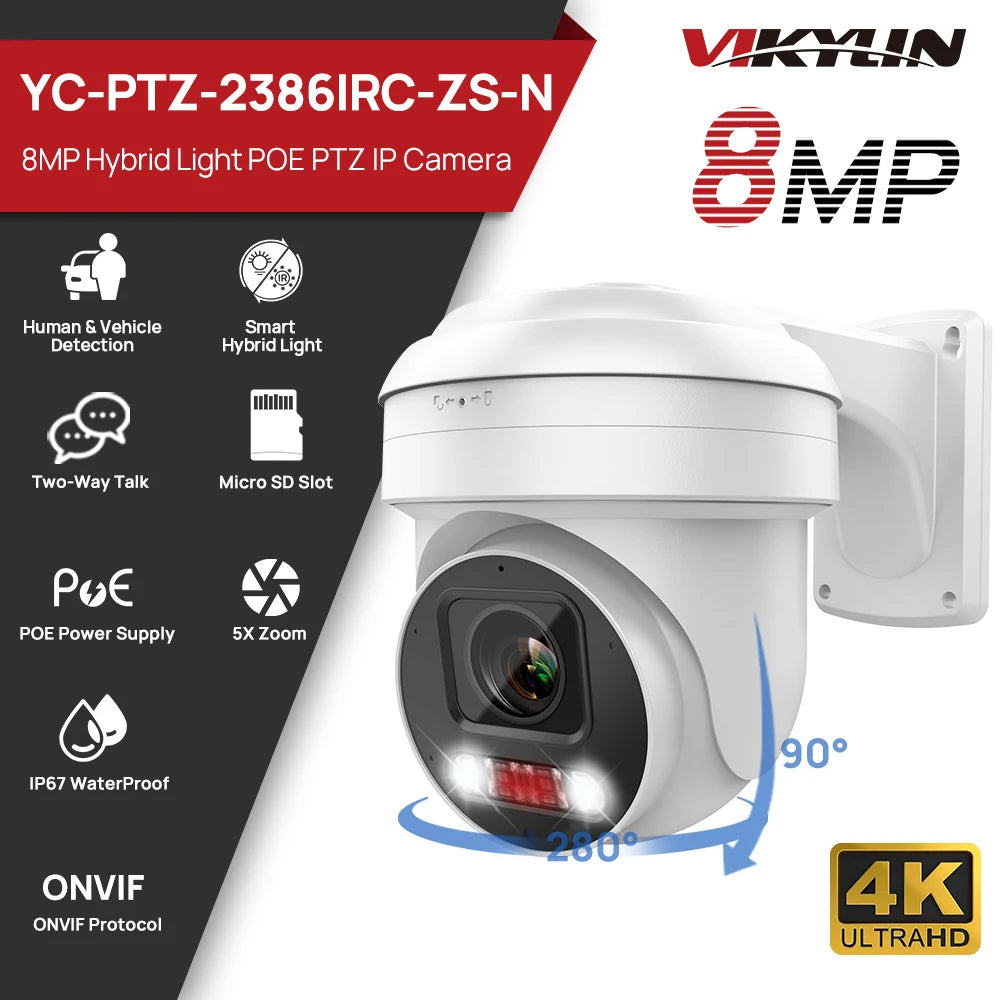 Vikylin Hikvision compatible 8MP 5X Zoom PTZ IP Camera with 2-Way Audio MD2.0 IP66 Outdoor Video Surveillance Camera Onvif CCTV